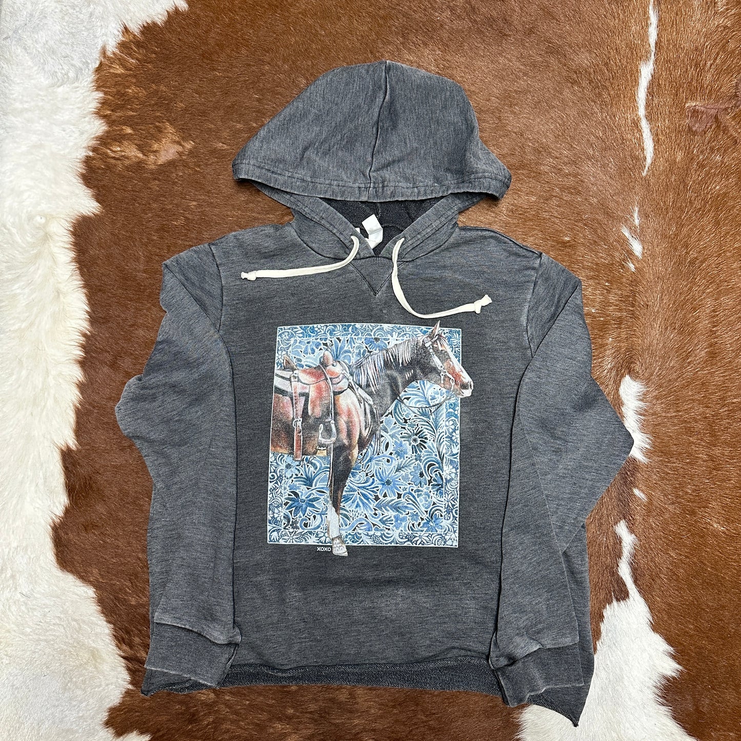 Gray hoodie with horse graphic.