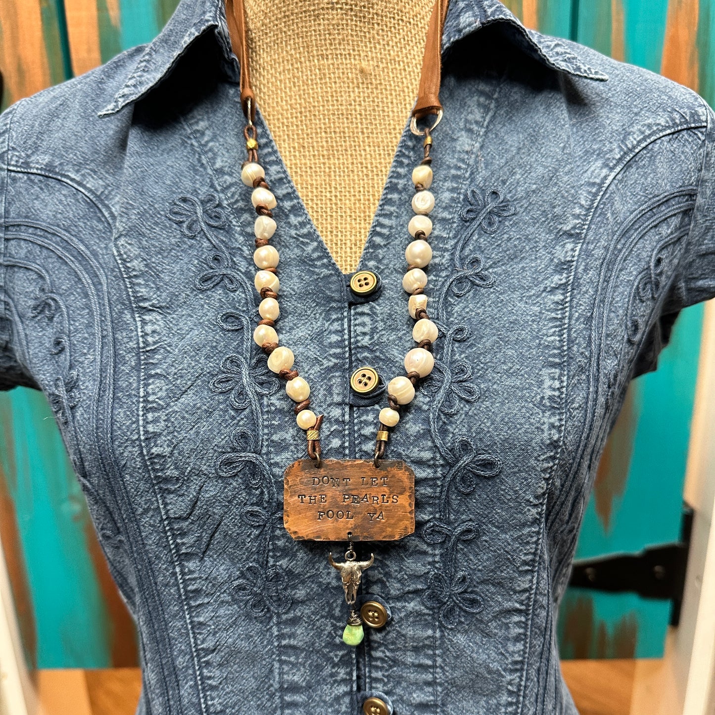 Denim shirt with beaded necklace, IMG_8027_2