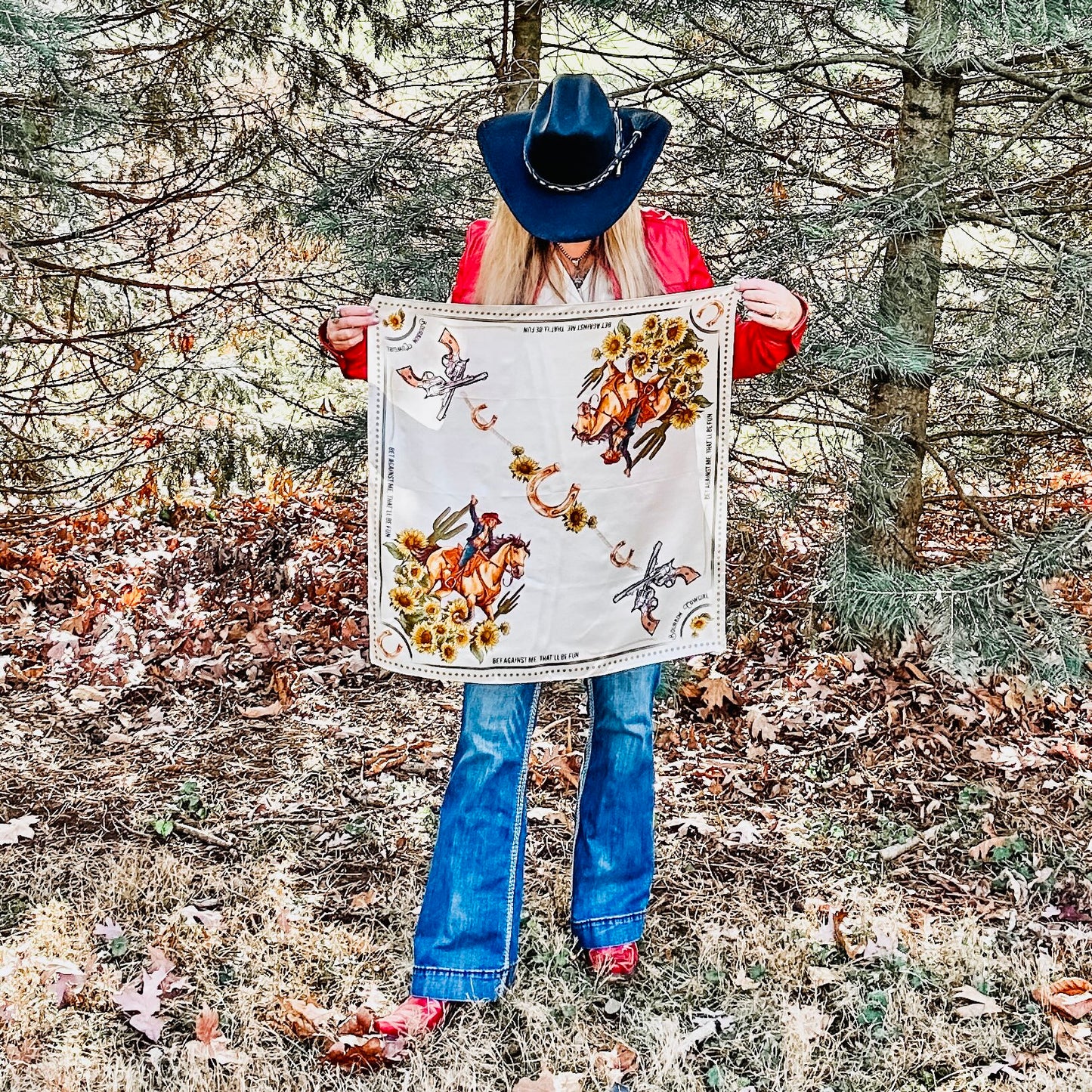 Cowgirl holding a western-themed scarf, IMG_8883_2