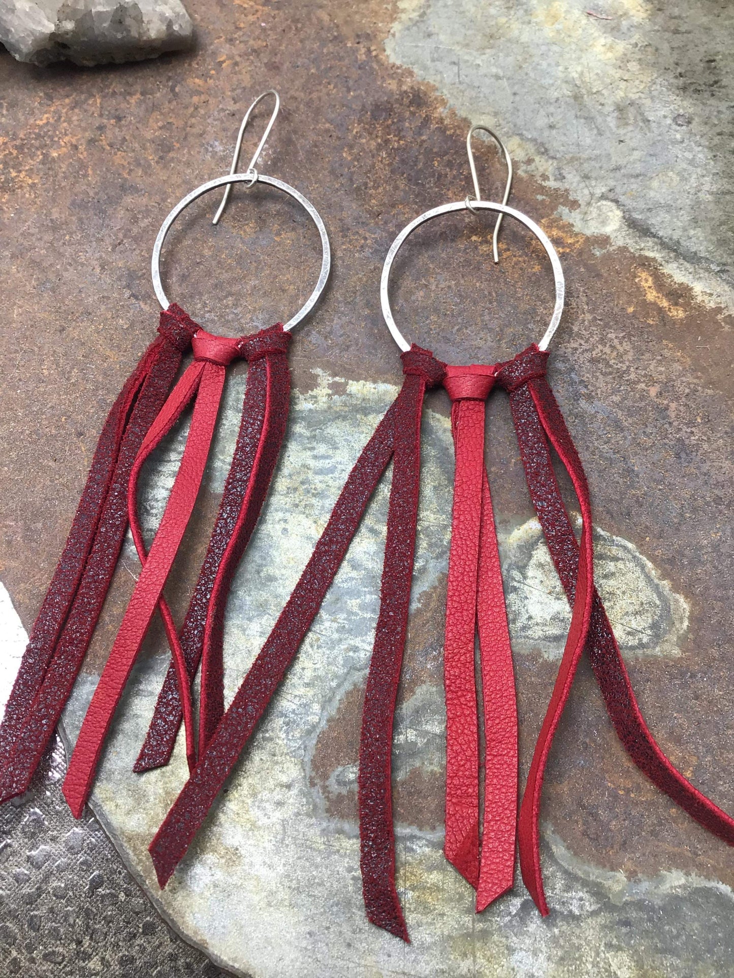 Red leather fringe earrings