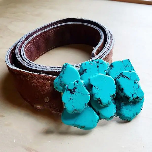 Brown leather belt with turquoise stone buckle