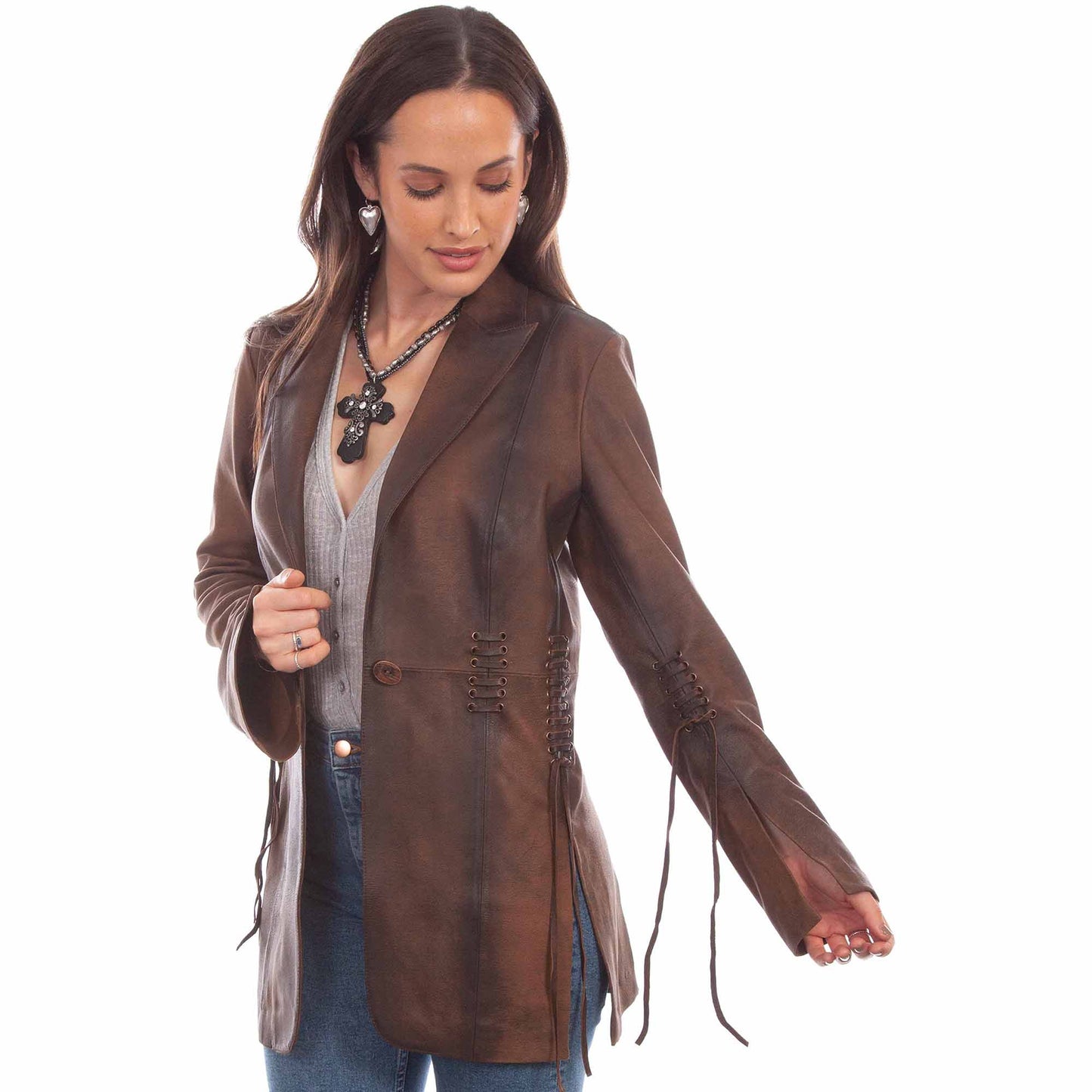 Brown leather blazer with lace-up details