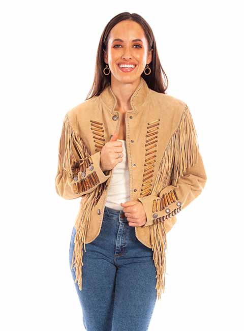 Suede Fringe Lacing Jacket with Bone Bead Details by Scully Leather - Old Rust