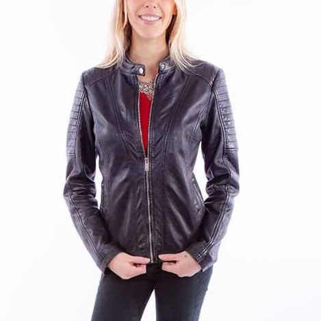 Woman in black leather jacket