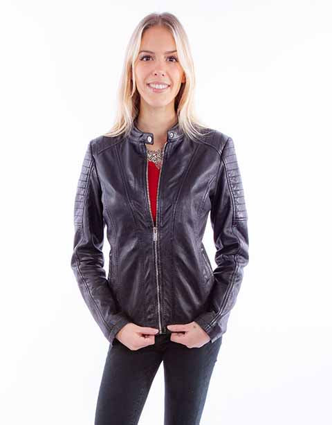L1109 black leather jacket on woman