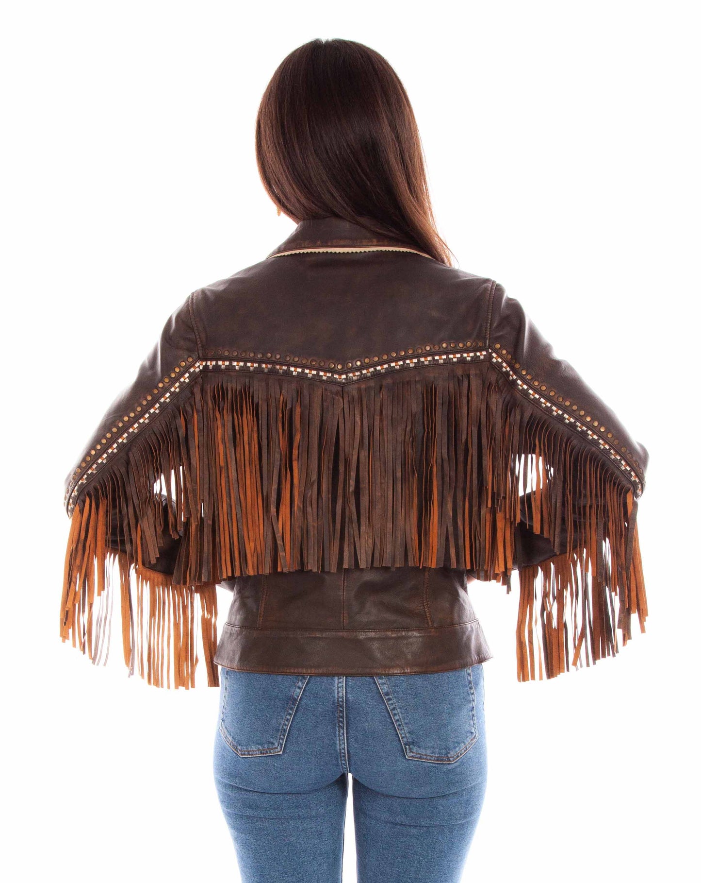 L1114-424-BK Brown Leather Fringe Jacket