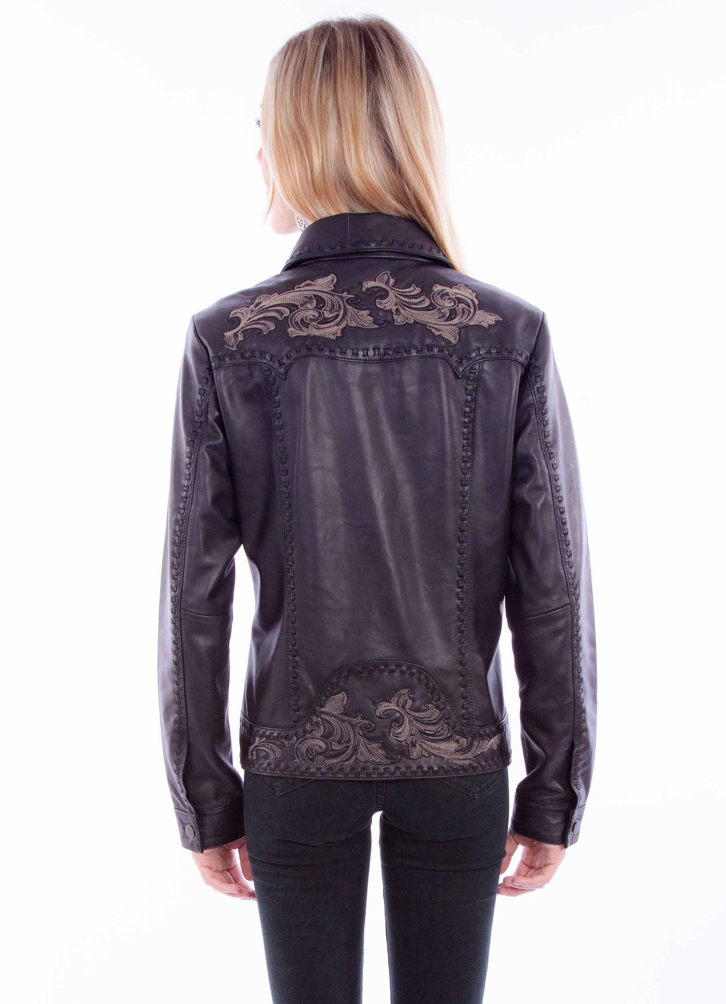 L1121-11-BK Black Leather Jacket with Embroidery