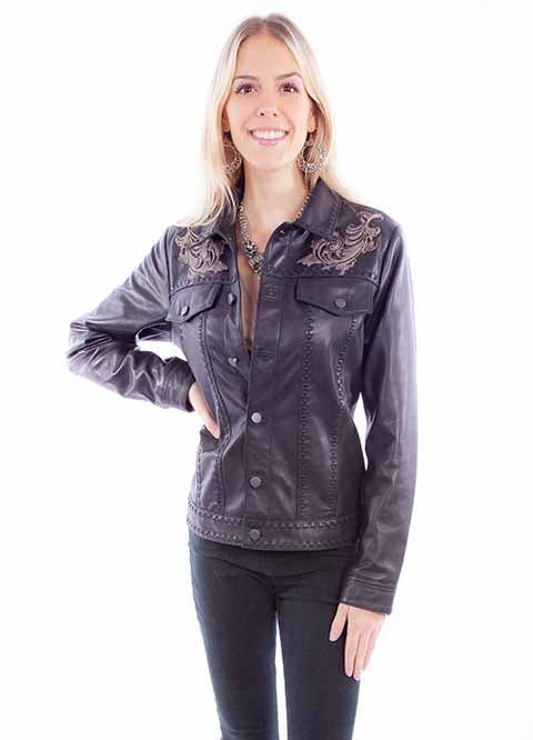 Black leather jacket on woman