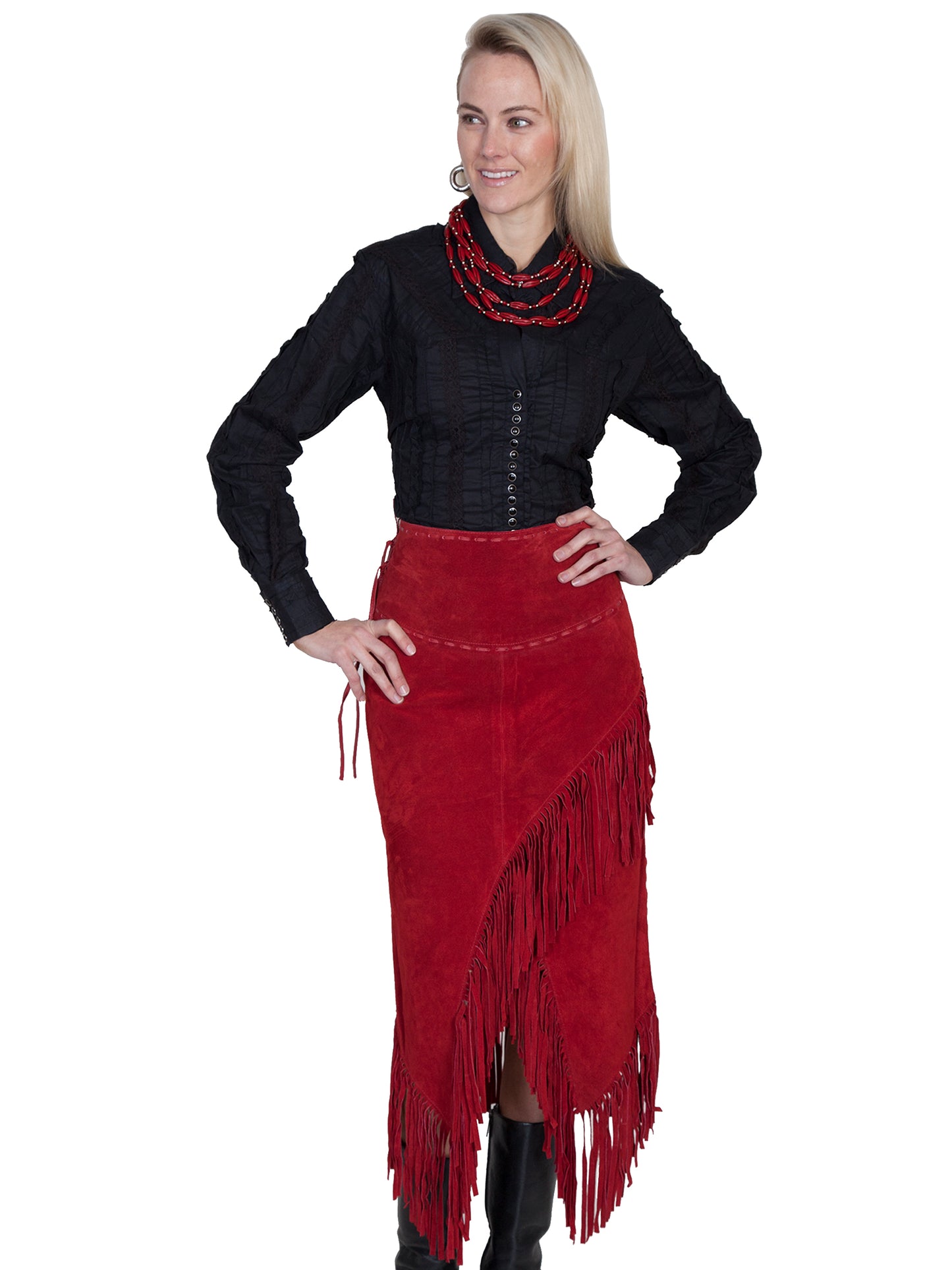 Woman in black shirt & red suede fringe skirt