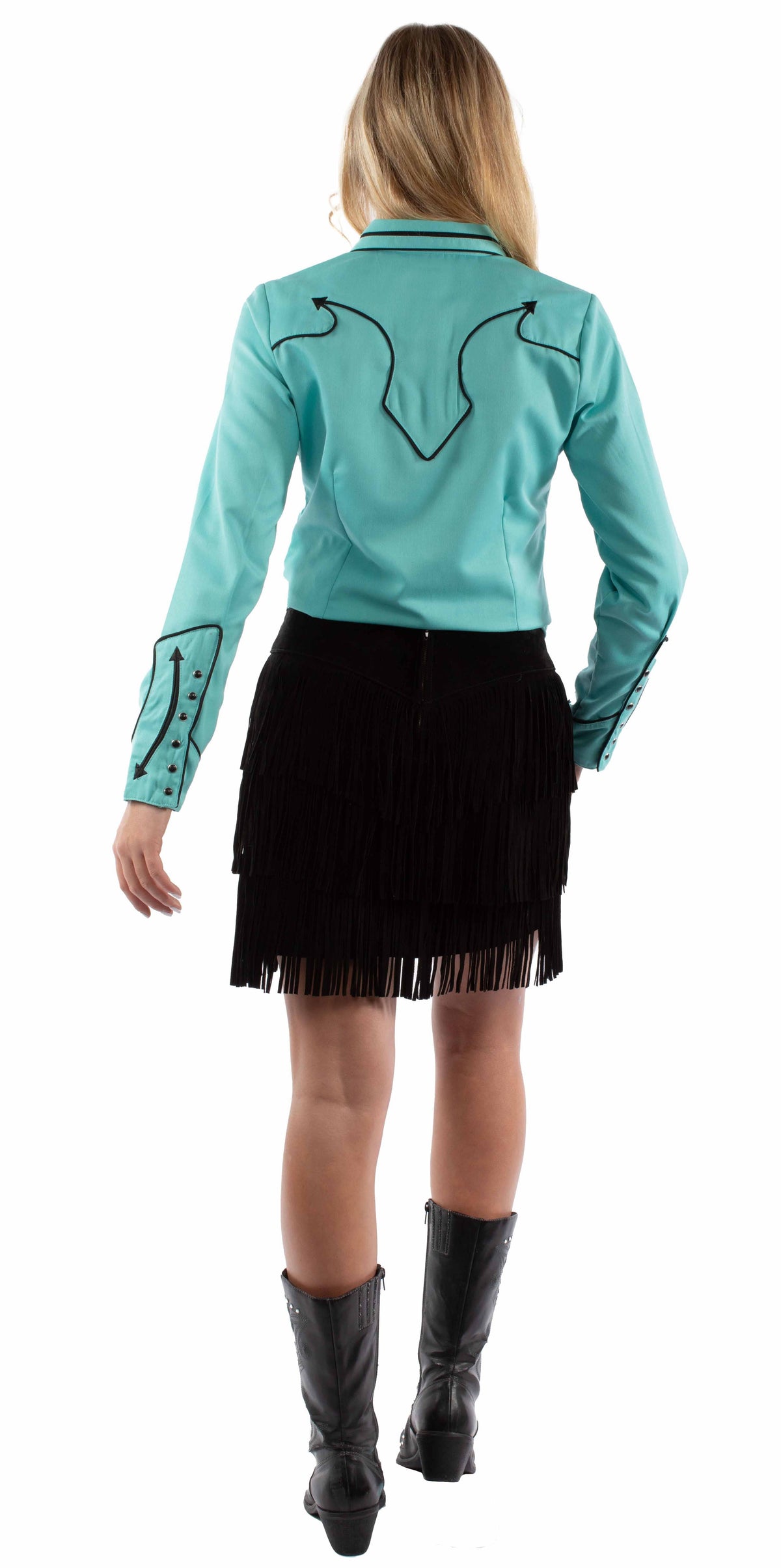 L704-19-BK Black Fringe Skirt & Turquoise Western Shirt