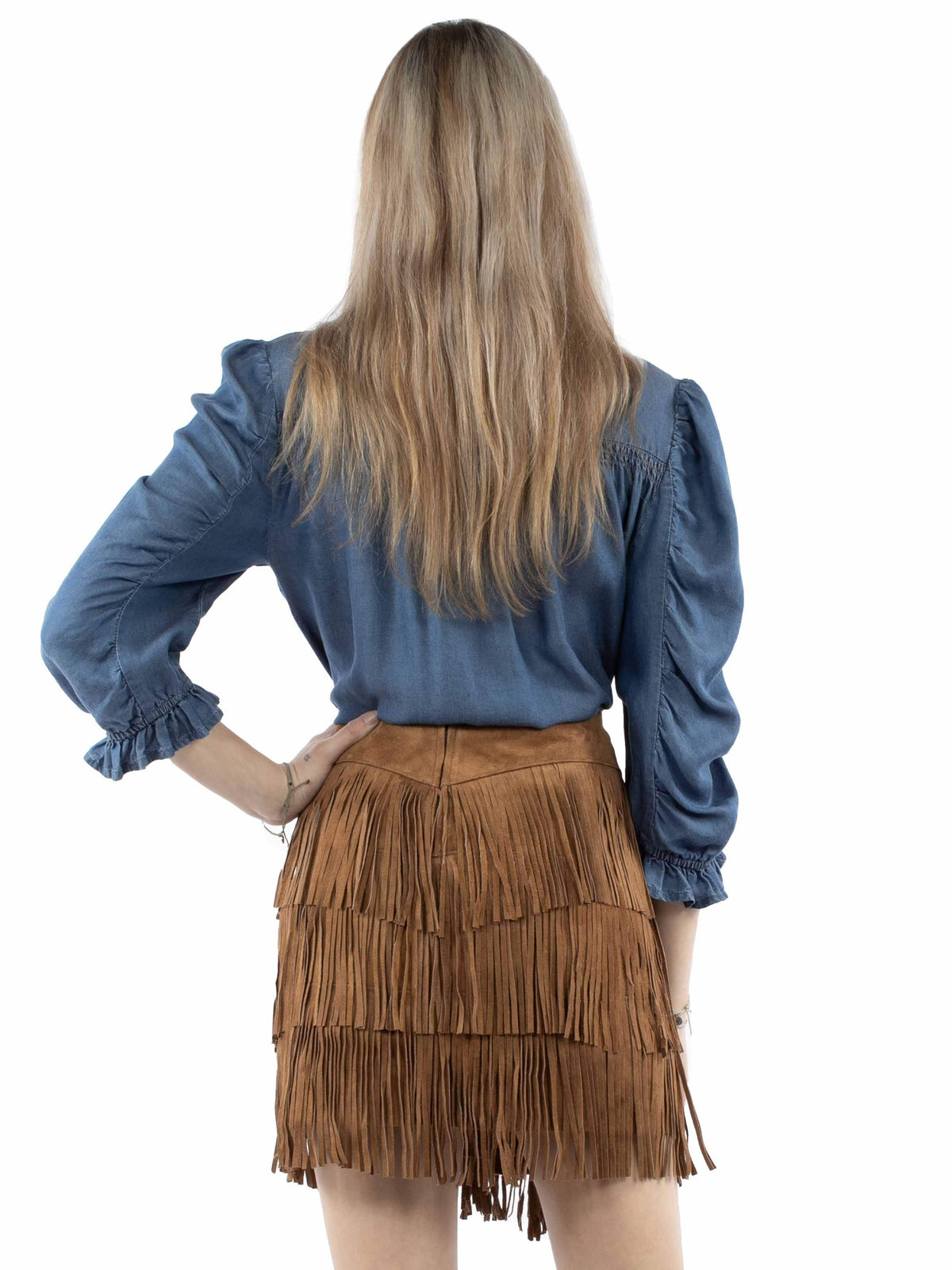 Denim top and fringe skirt