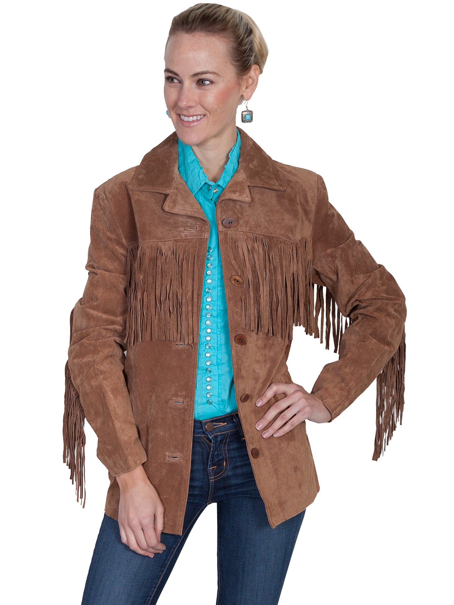 Woman in brown suede fringe jacket