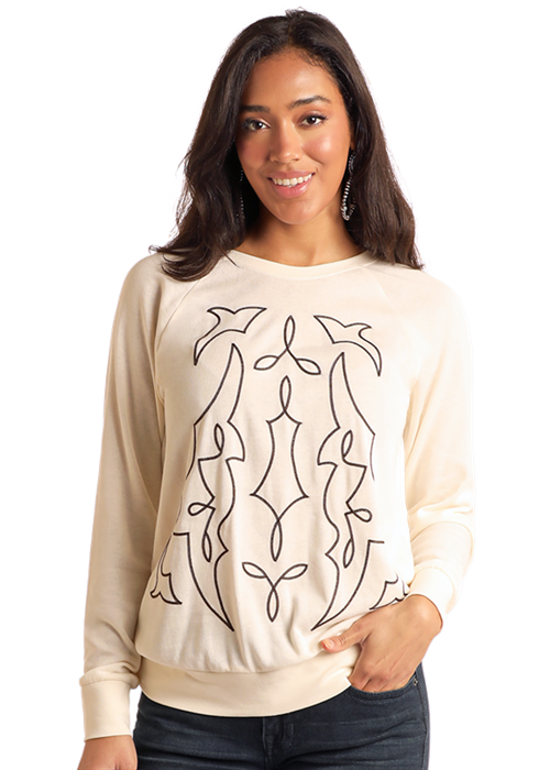 Woman in cream-colored sweatshirt with black design - LW91T05183