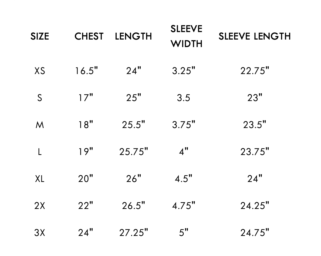 Mesh shirt size chart with chest, length, sleeve dimensions.
