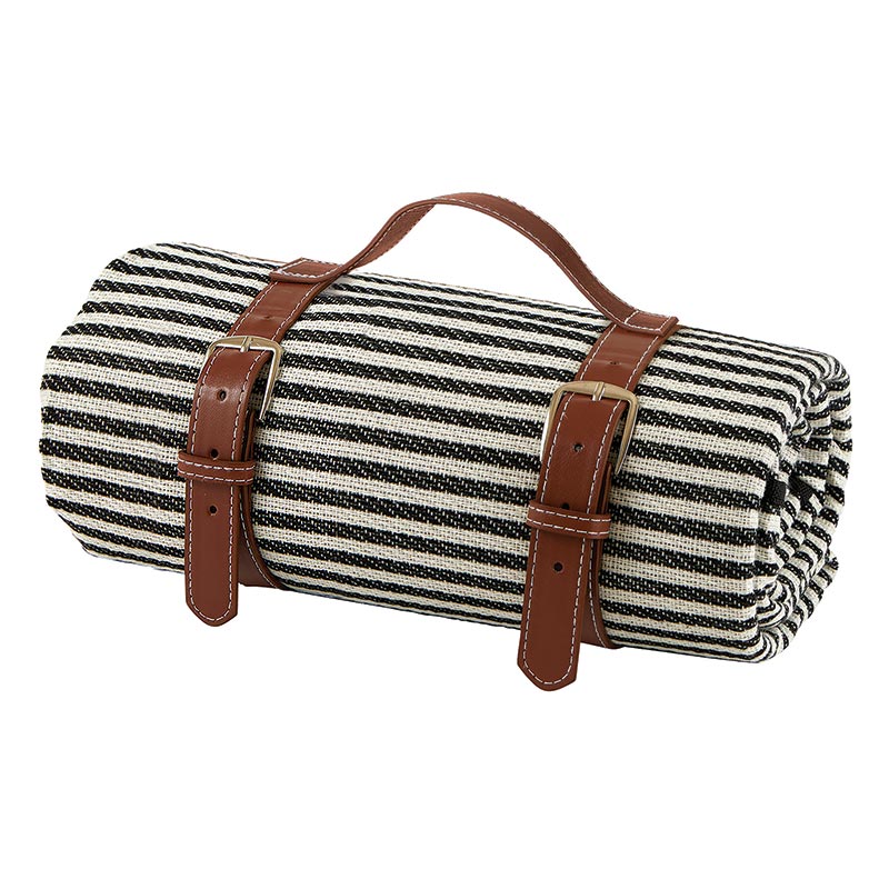 N0452 Striped picnic blanket rolled with leather straps