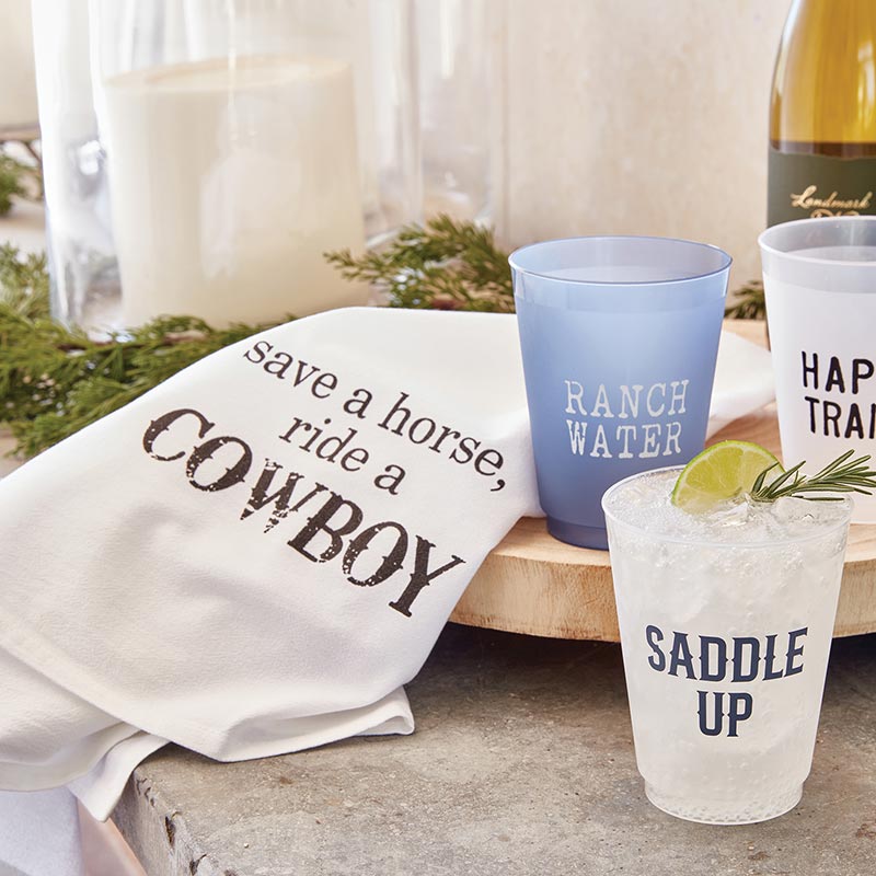 Cowboy-themed party with Saddle Up drinks and towel.