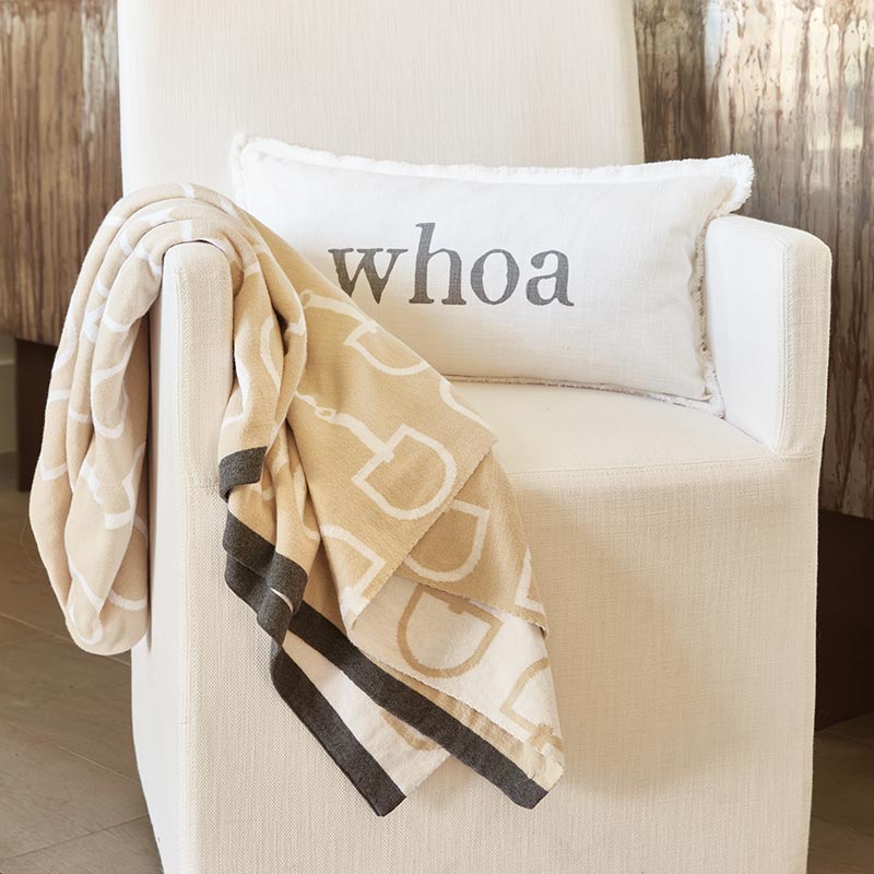 Tan blanket & whoa pillow on chair