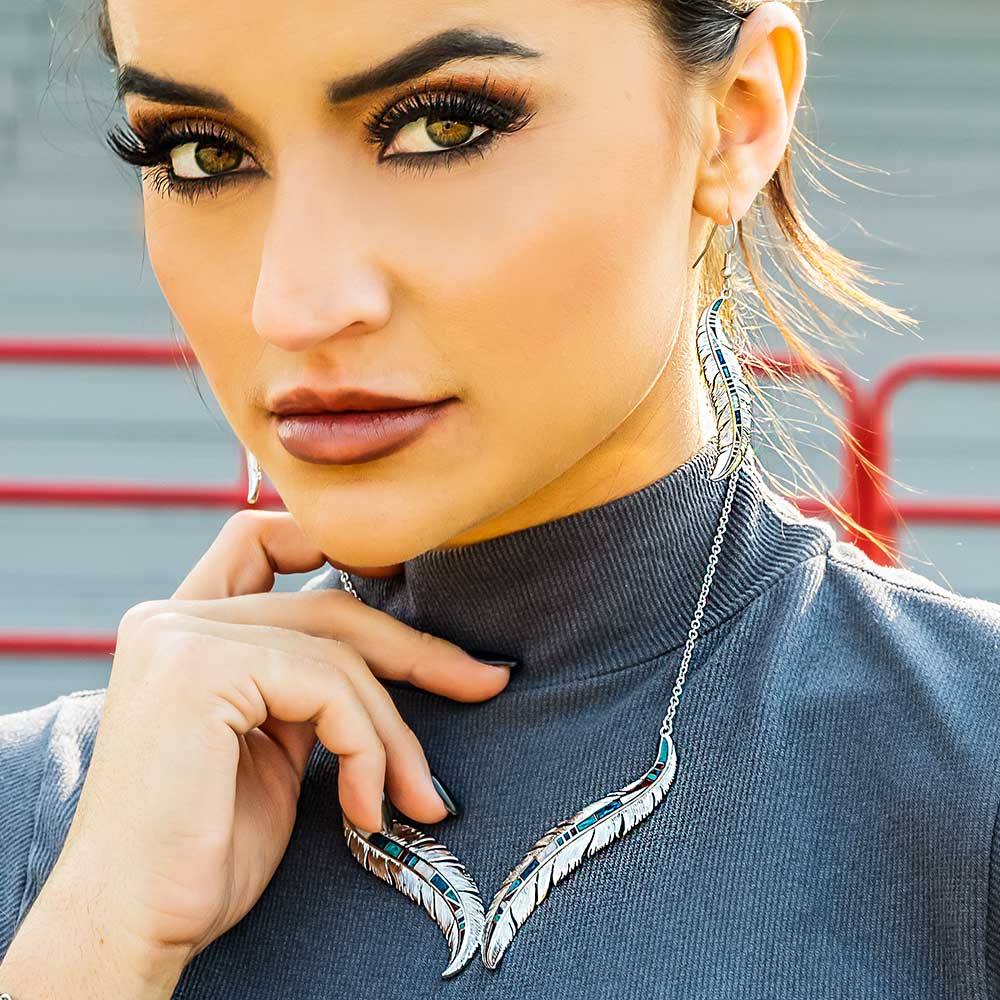 NC5194 Feather Necklace & Earrings - Model Wearing Jewelry