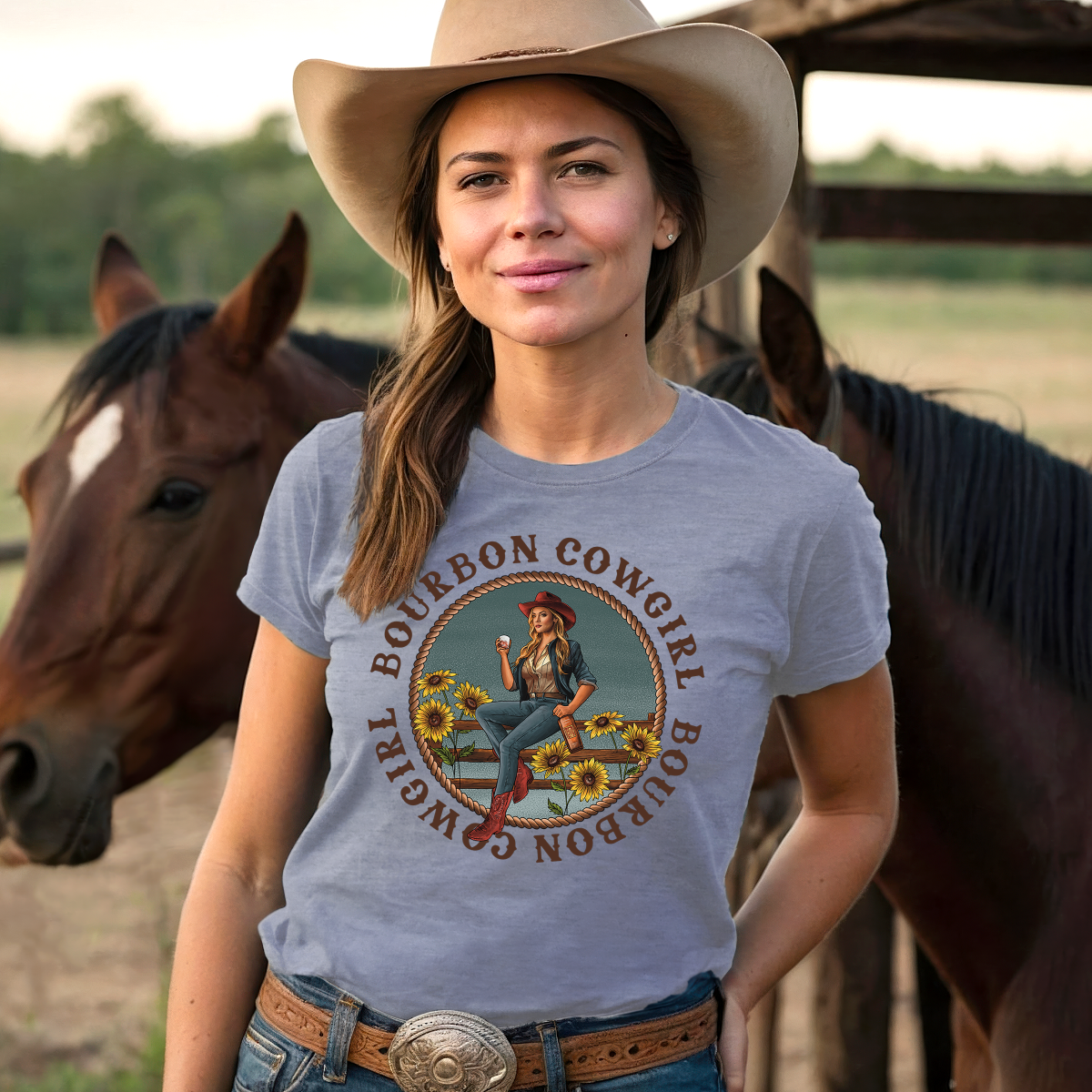 Bourbon Cowgirl heather blue tee, New BC logo.