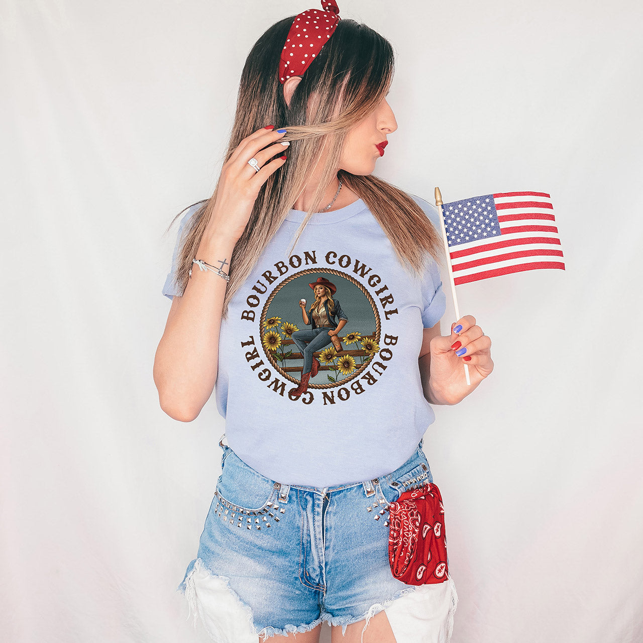 Bourbon Cowgirl shirt with American flag