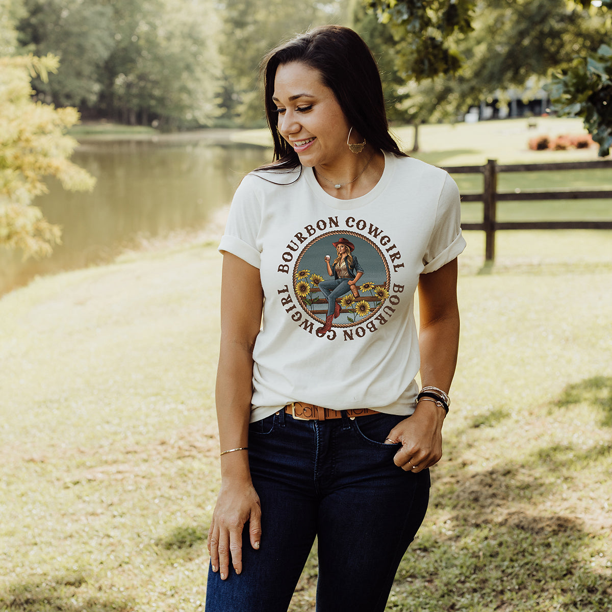 Woman wearing Bourbon Cowgirl tee