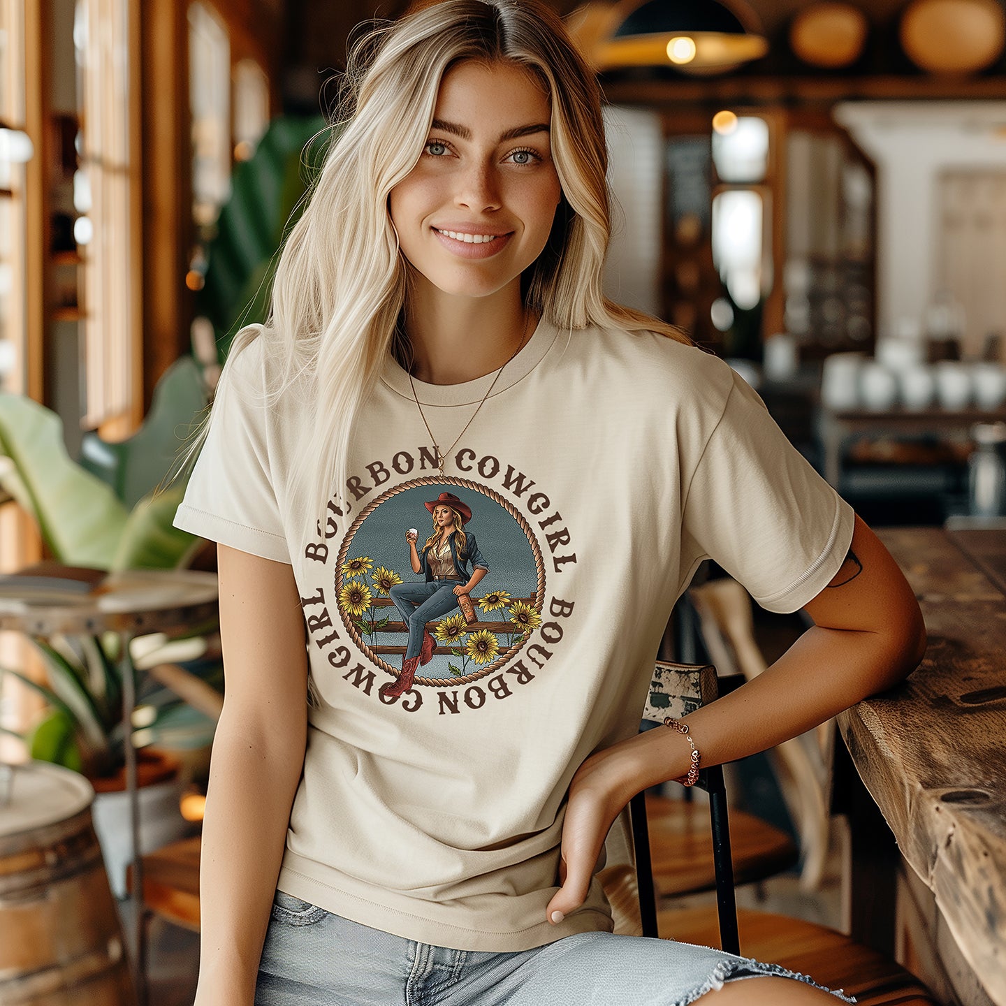 Bourbon Cowgirl tee shirt on woman
