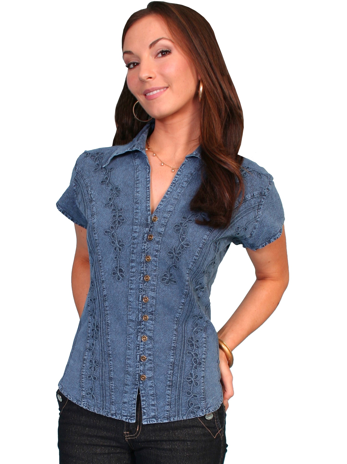 Woman wearing PSL-066-DBL denim shirt