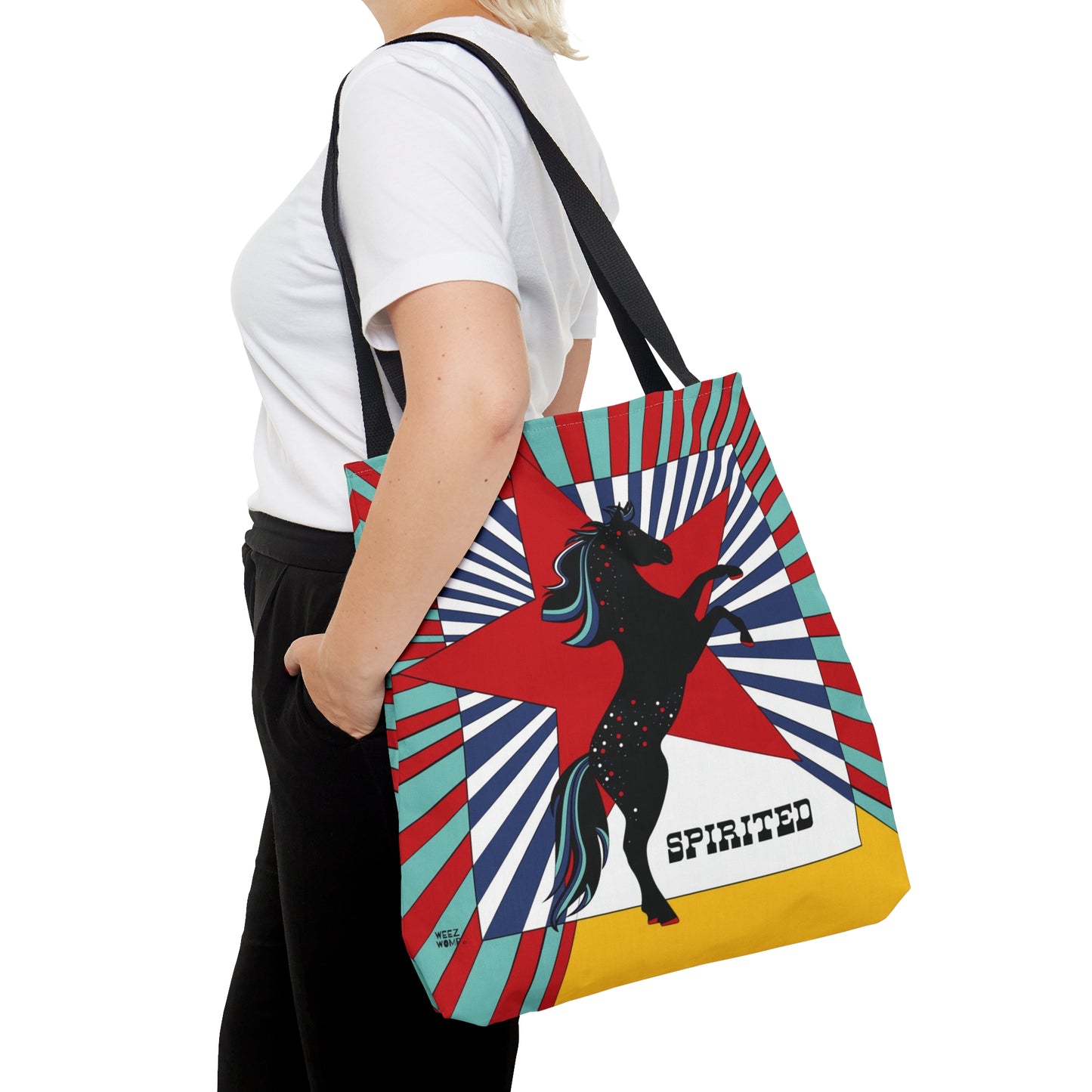 Person2_20 holding spirited horse tote bag