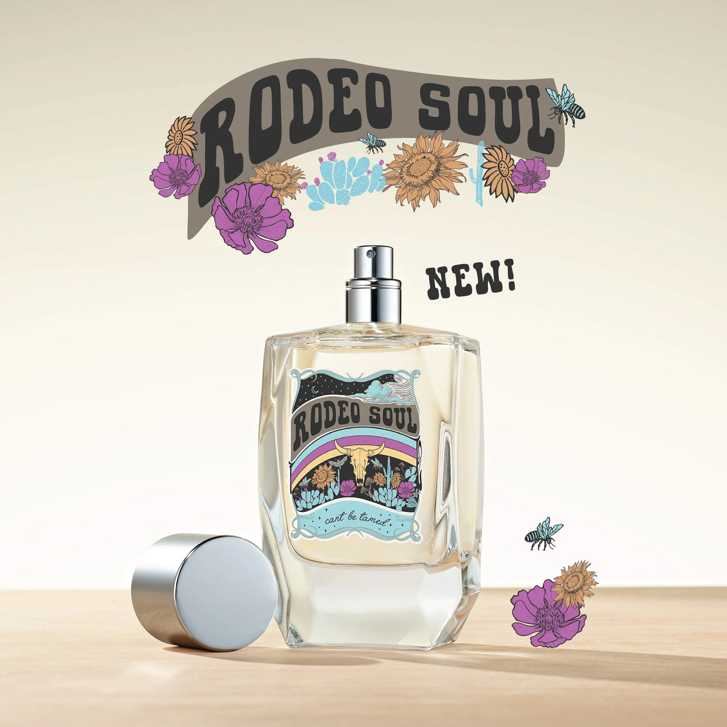 Rodeo Soul fragrance launch with bottle, flowers, and banner. NEW!