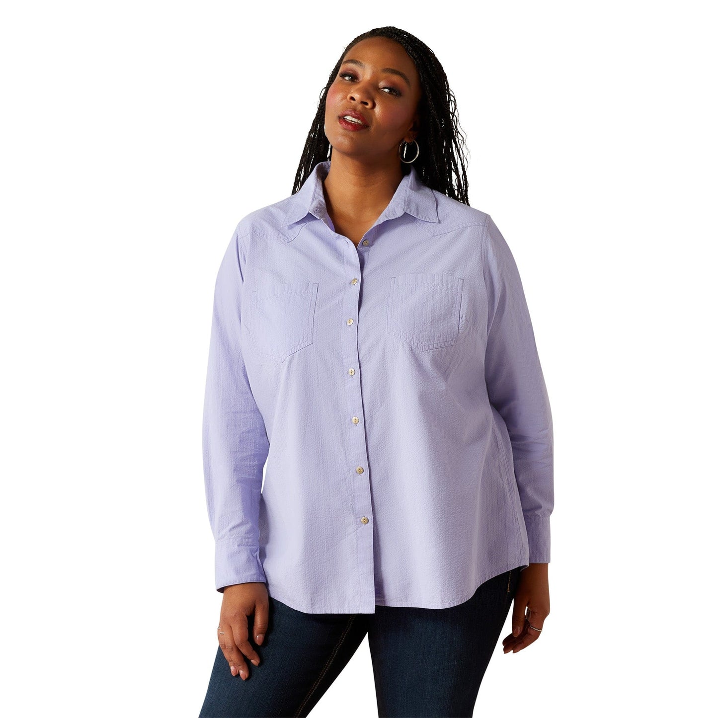 Lavender button-down shirt on model