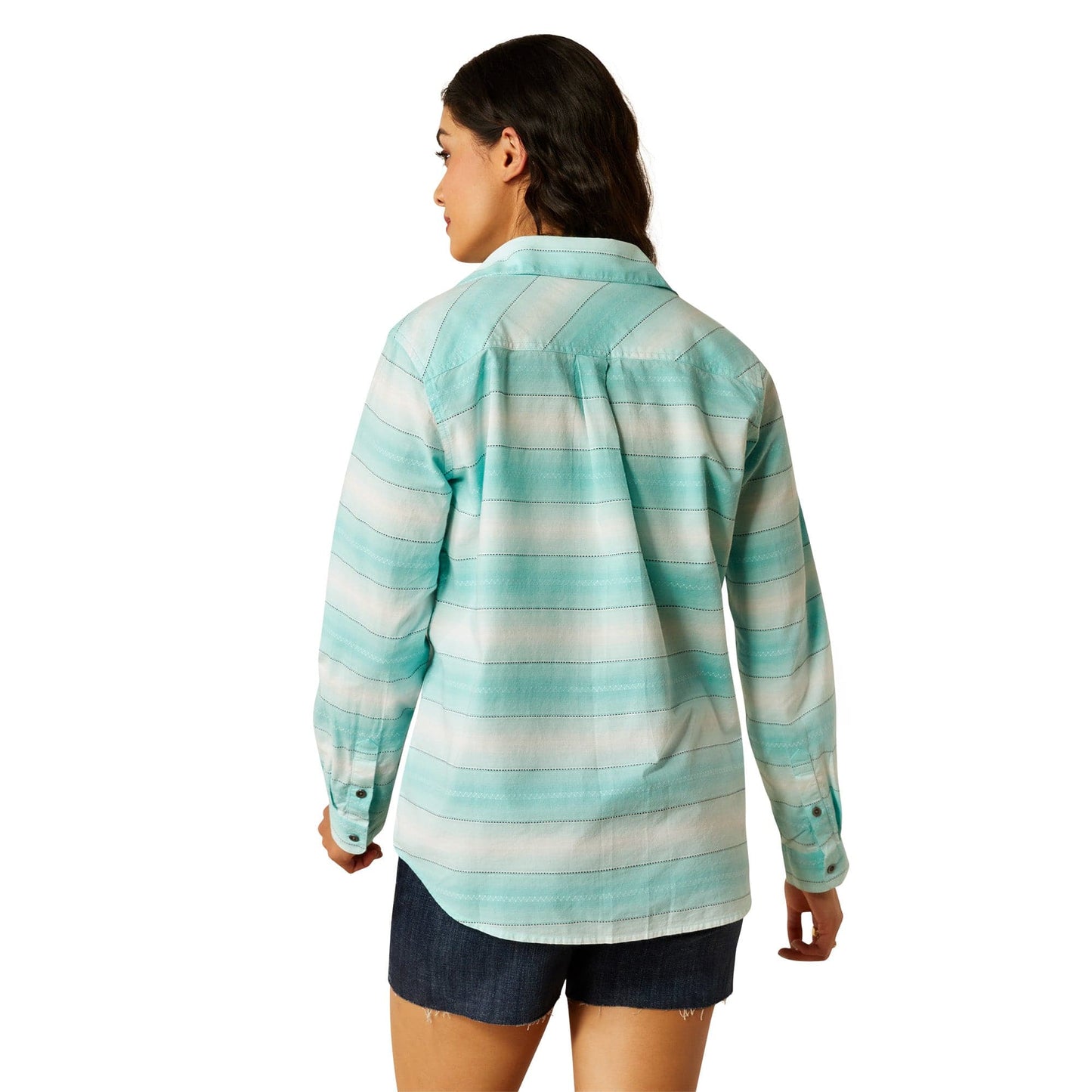 Woman wearing striped shirt, back view.
