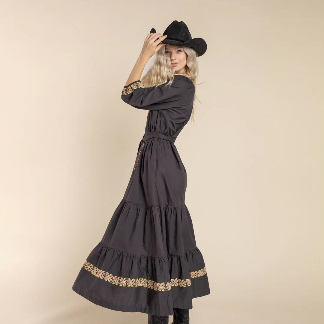 Mariana Dress Model Front, Black Dress with Cowboy Hat
