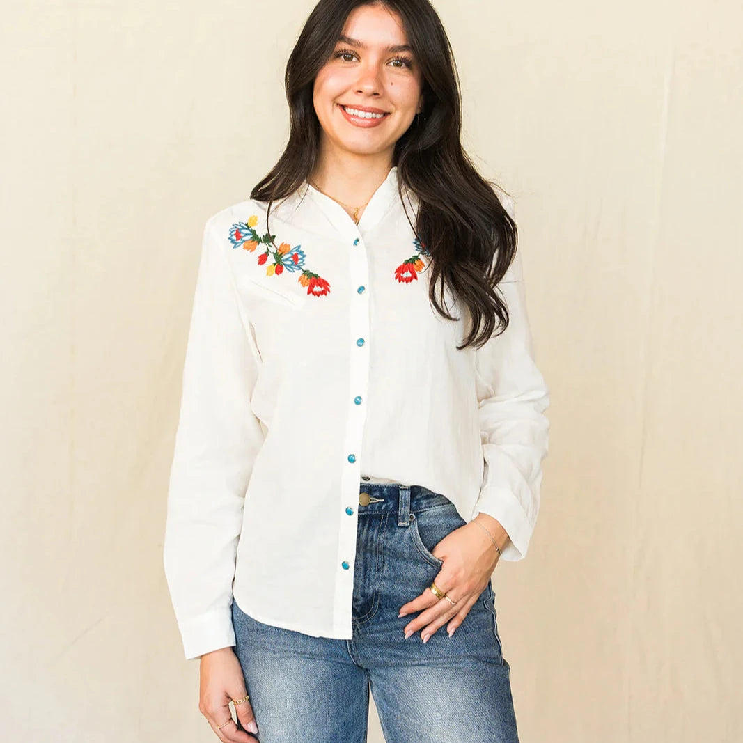 Woman in Whiskey Apparel floral embroidered shirt