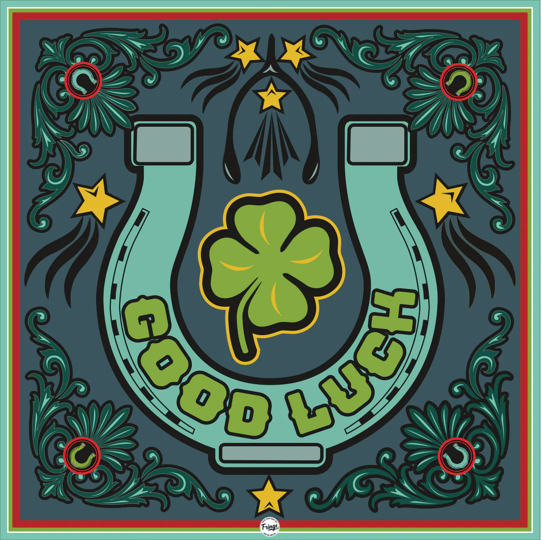 Good luck graphic with horseshoe and clover