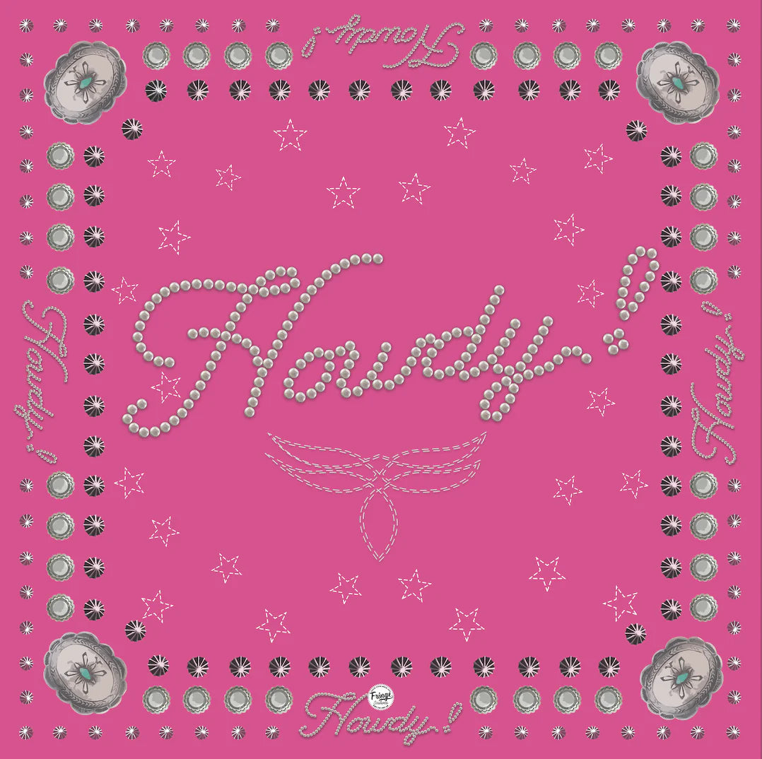 Pink Howdy! bandana with studs and stars.