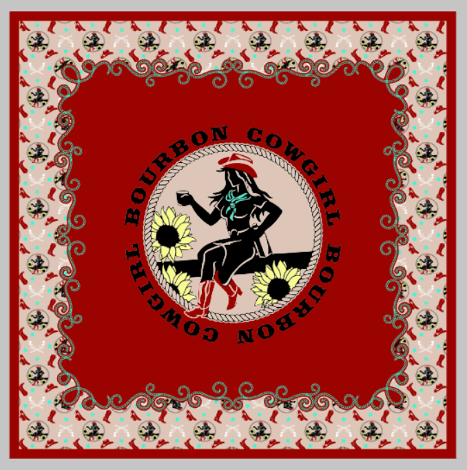 Screenshot of Bourbon Cowgirl graphic on a red background