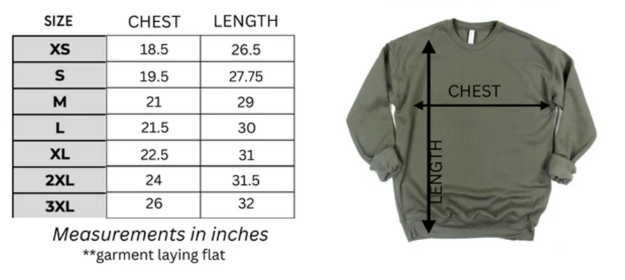 Sweatshirt size chart with measurements in inches, as seen in screenshot from...