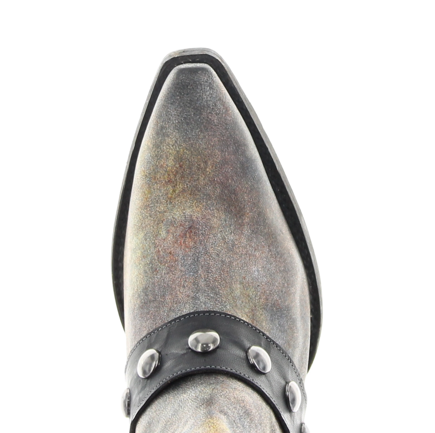 Close-up of gray cowboy boot with studded leather strap