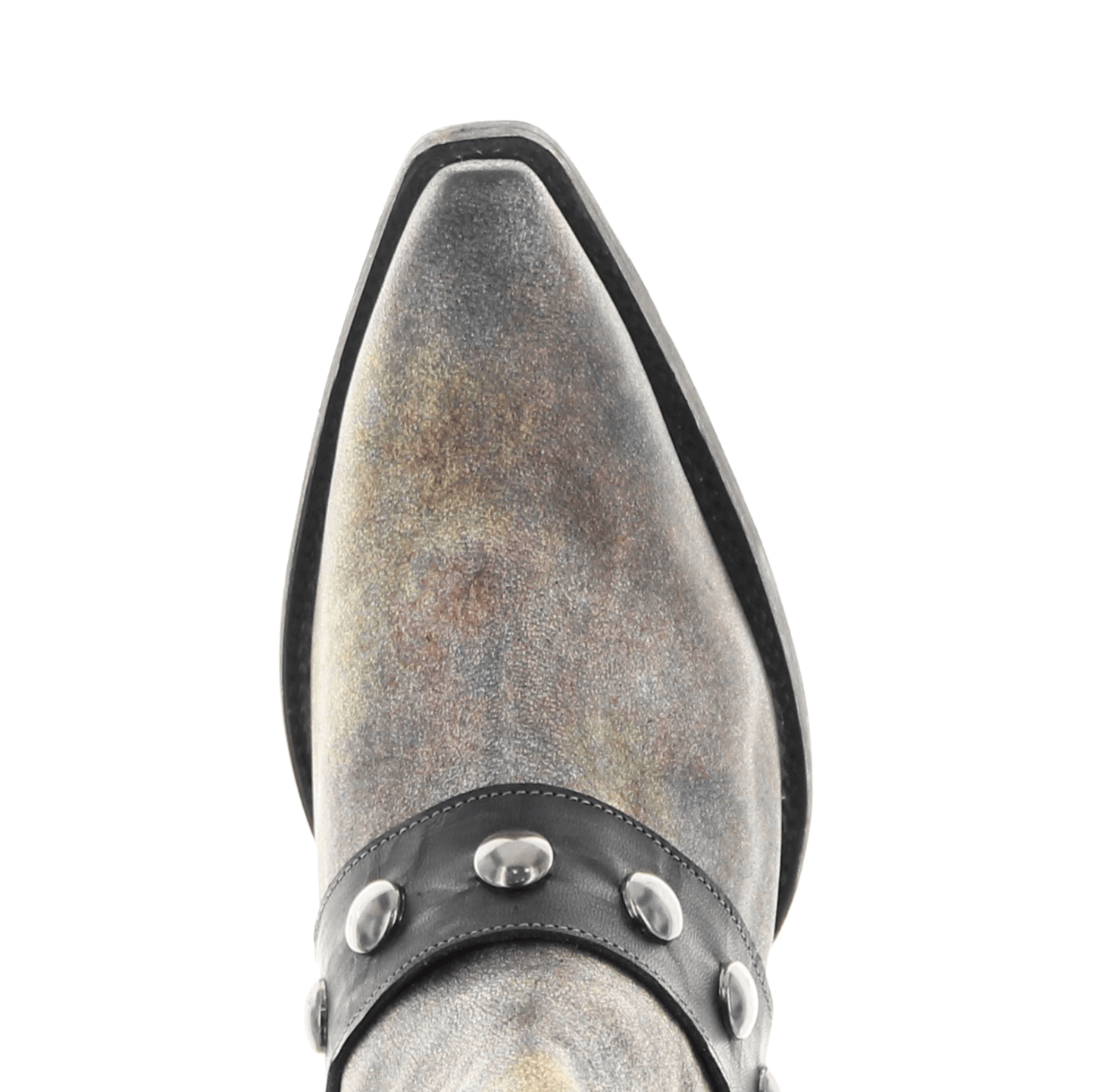 Close-up of gray cowboy boot with studded leather strap
