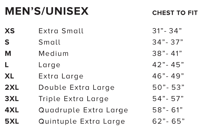 Men's/Unisex size chart with chest to fit, screenshot from July 4, 2024.
