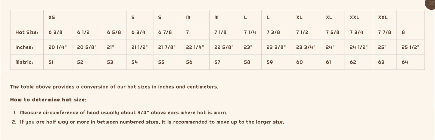 Hat size conversion chart, screenshot from 9/16/2024.