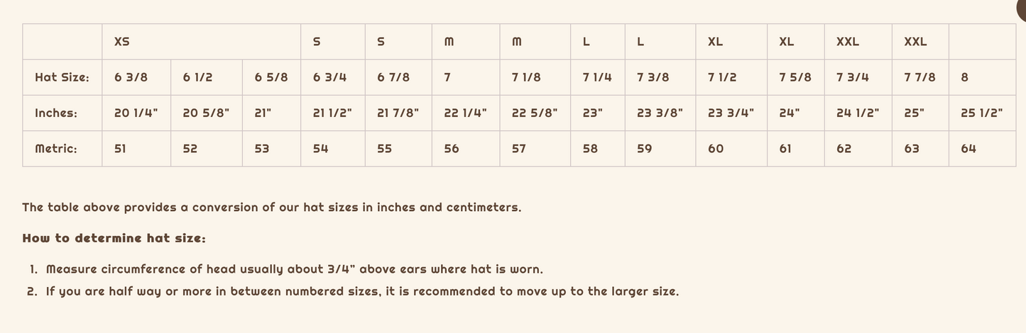 Hat size conversion chart in inches and centimeters.