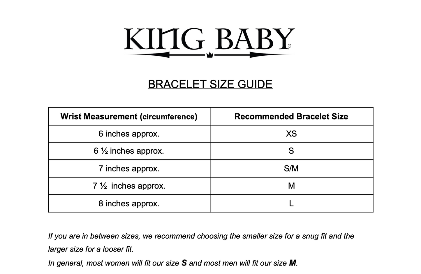 King Baby bracelet size guide