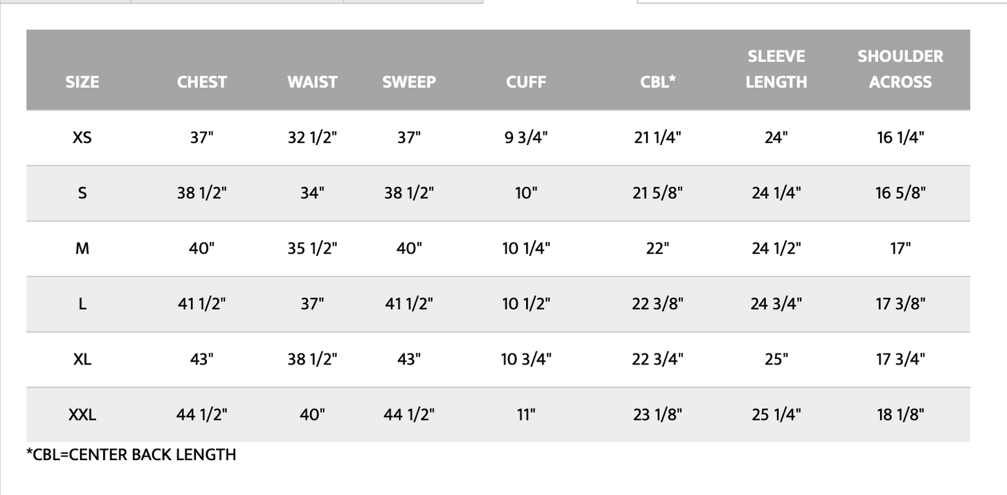 Clothing size chart screenshot from March 10, 2025.