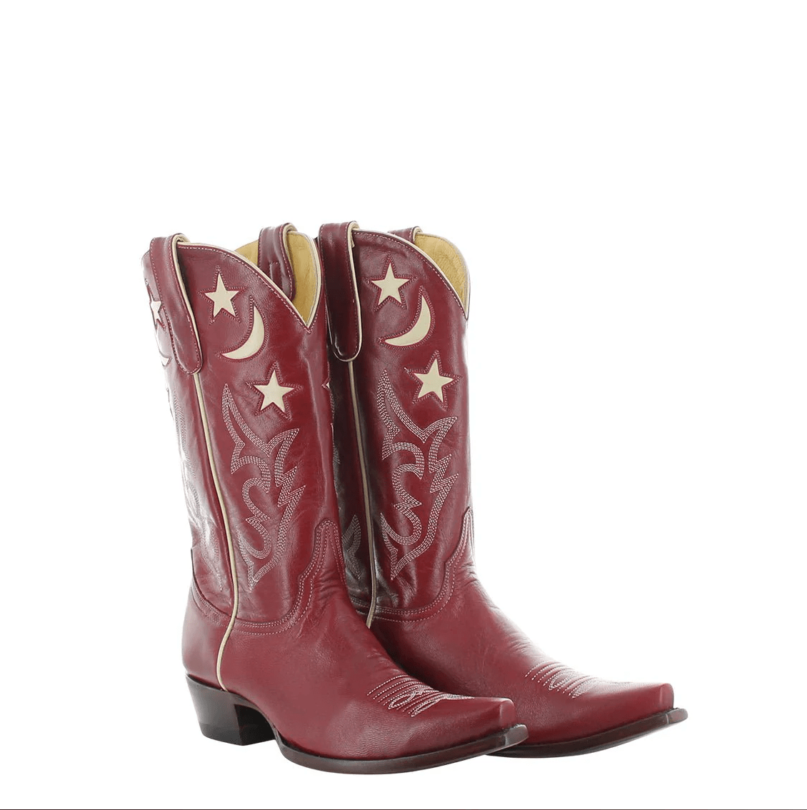 Red cowboy boots with stars and moon, screenshot May 9, 2025.