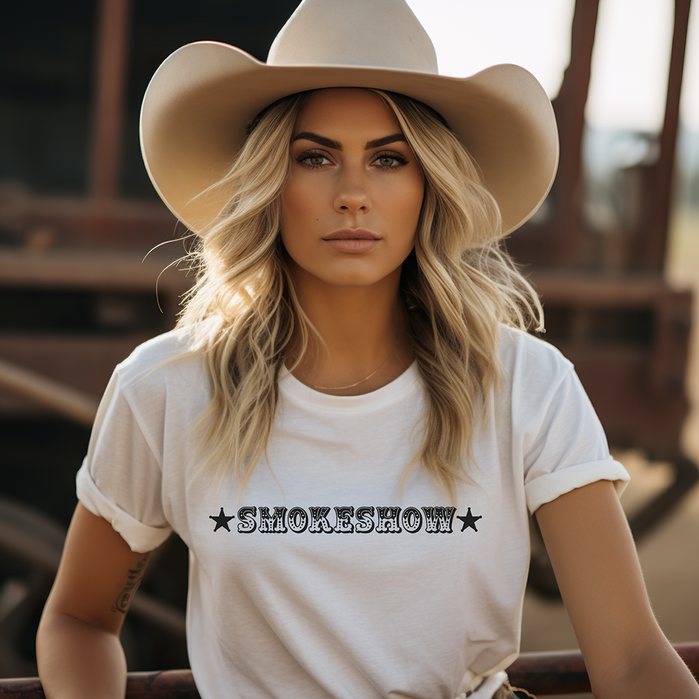 Woman in cowboy hat and Smokeshow shirt