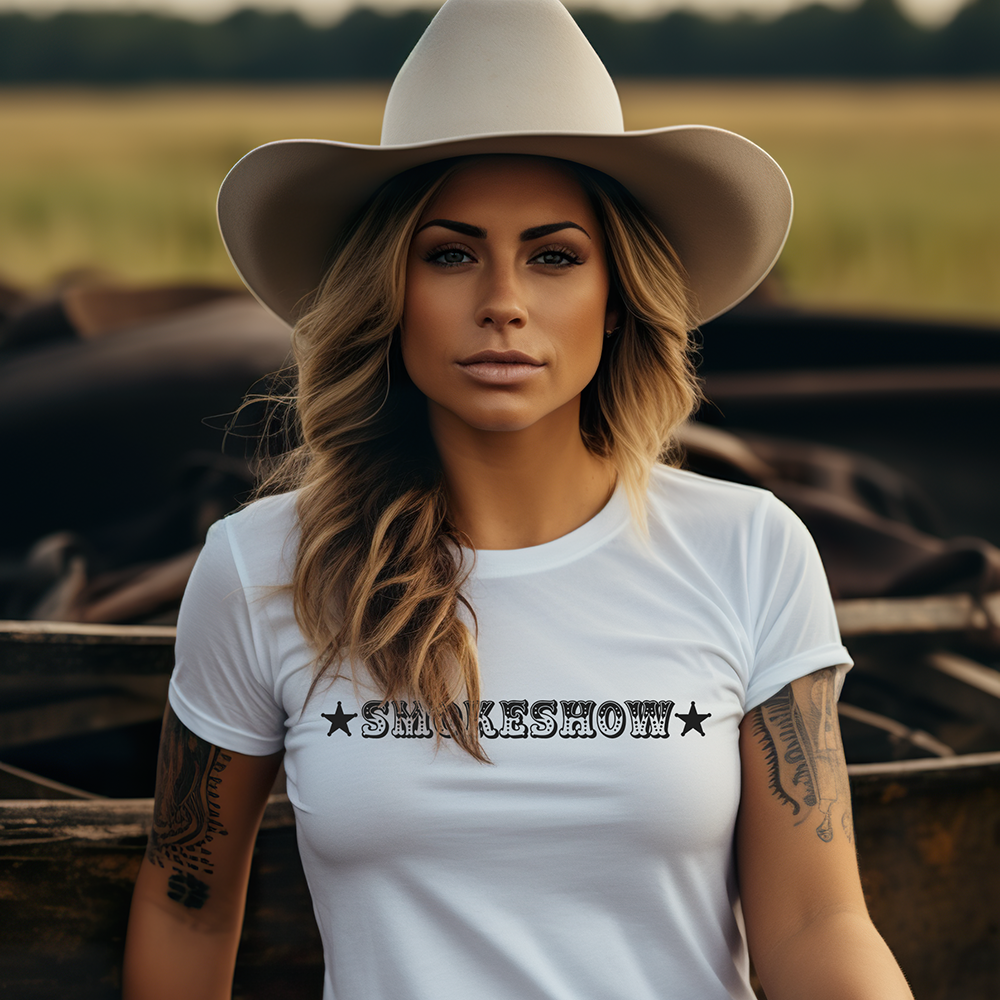 Attractive woman in cowboy hat and shirt