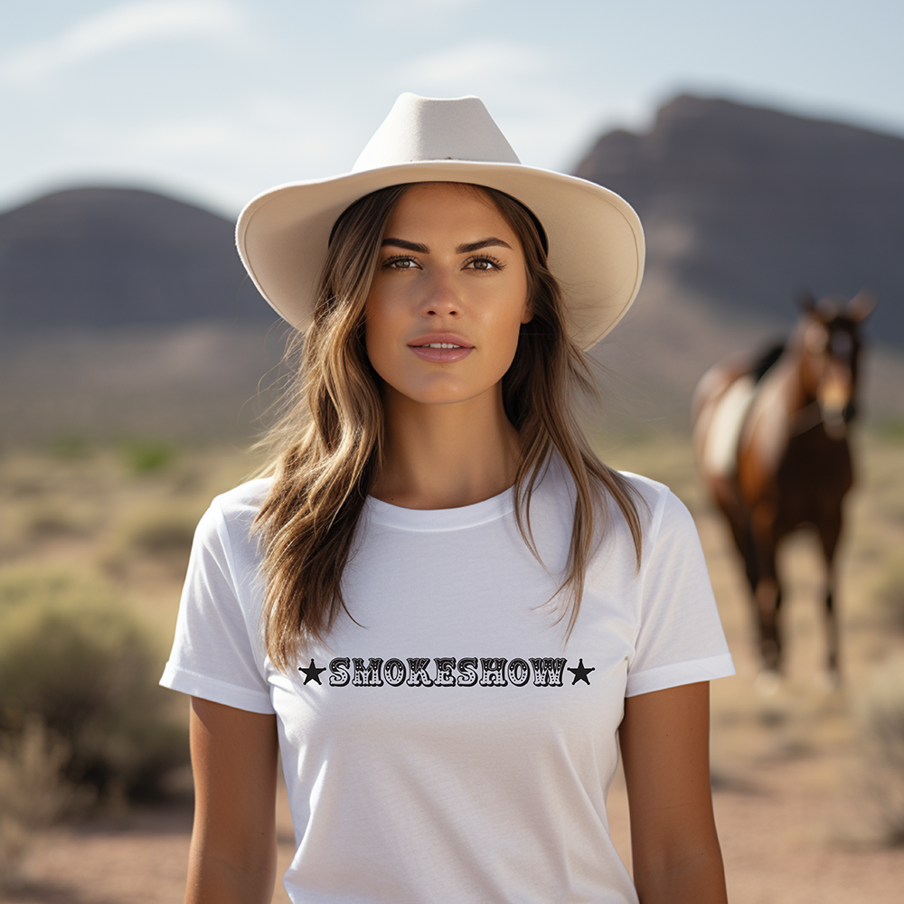 Smokeshow in cowboy hat with horse in desert landscape