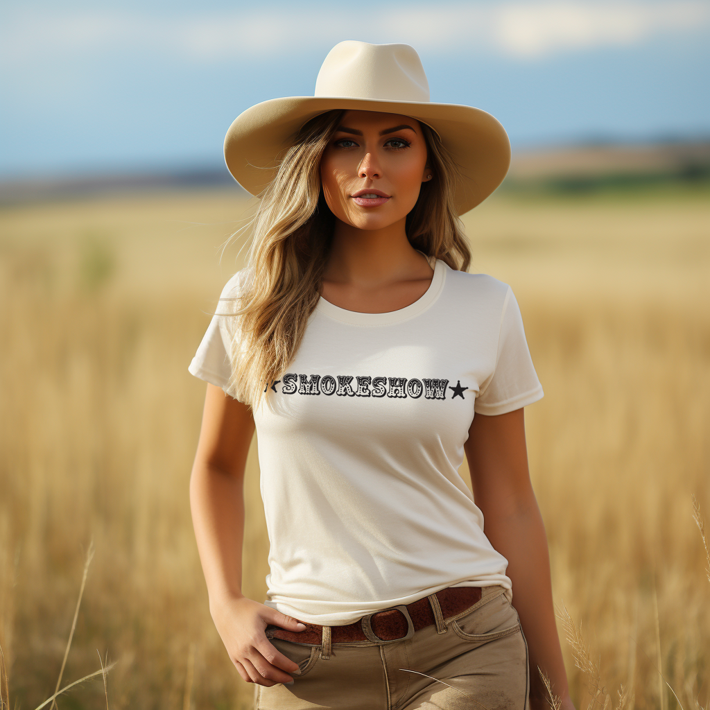 Smokeshow wearing a cowboy hat and t-shirt in a field.