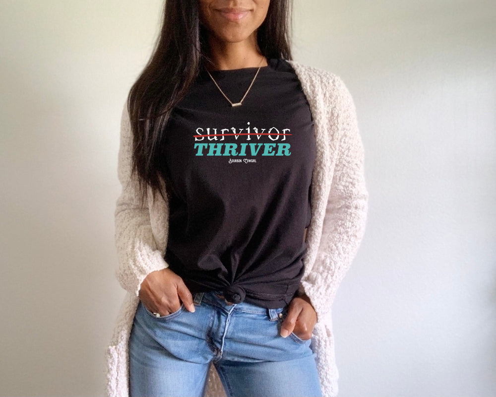 Survivor Thriver Tee shirt on woman